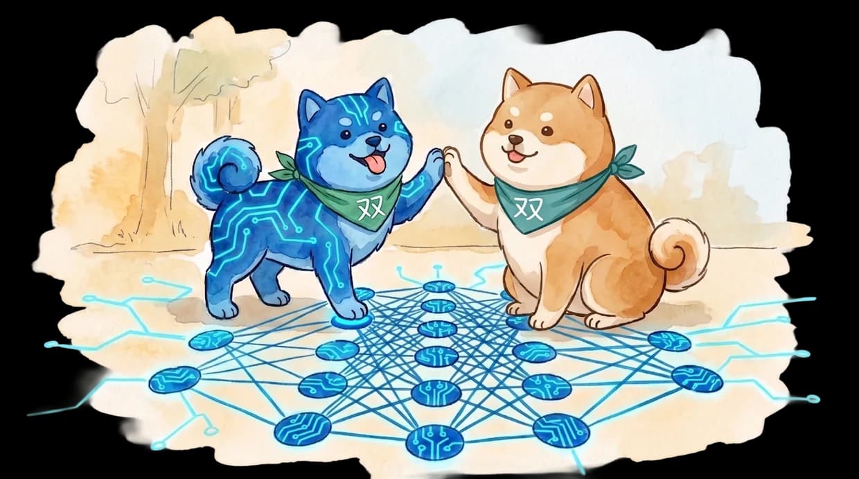 The painted shiba and its blue circuit-lit twin high-fiving over a network of nodes