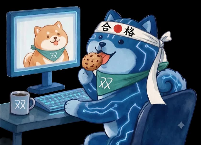 The blue circuit-lit twin at the keyboard in a 合格 headband, the painted shiba on the monitor