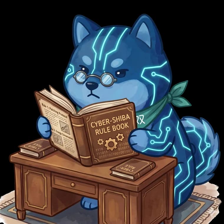 The blue circuit-lit twin in round glasses and a green 双 bandana, reading the Cyber-Shiba Rule Book at a wooden desk
