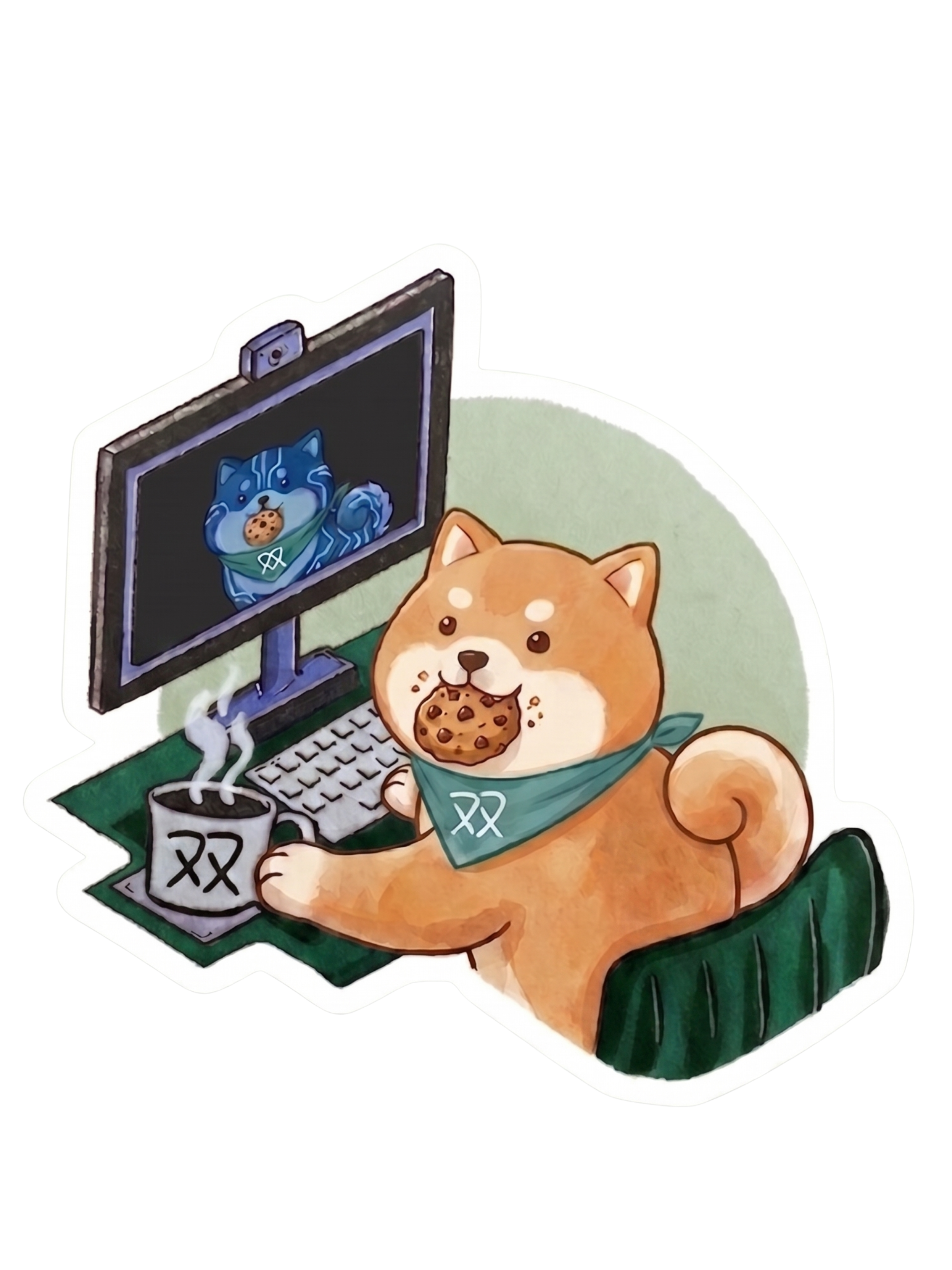 The shiba at his desk with his twin on the monitor