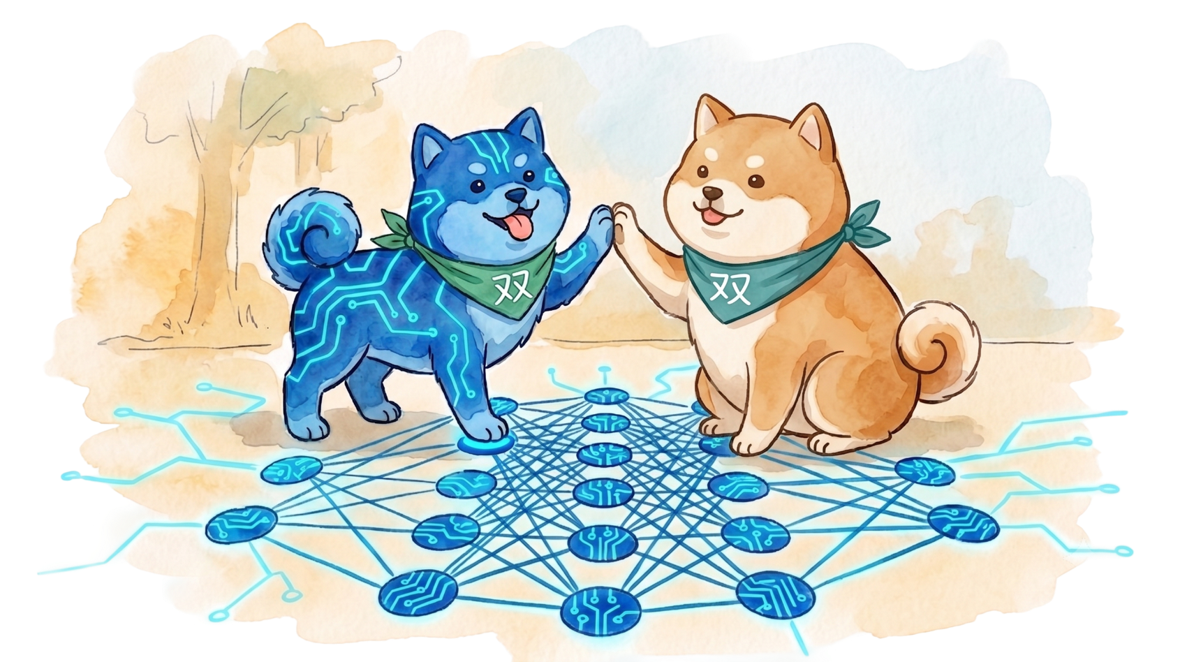 The painted shiba and its blue circuit-lit twin high-fiving over a network of nodes