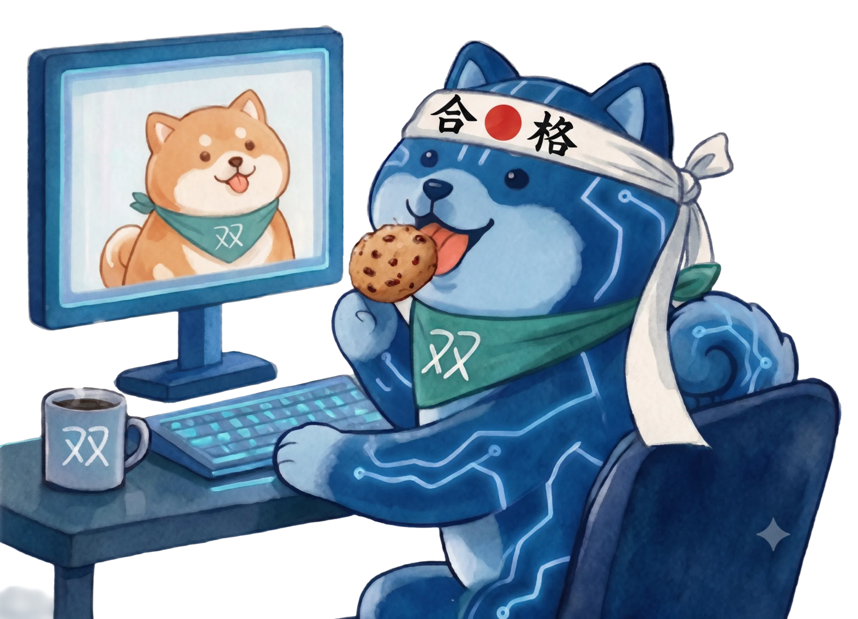 The blue circuit-lit twin at the keyboard in a 合格 headband, the painted shiba on the monitor