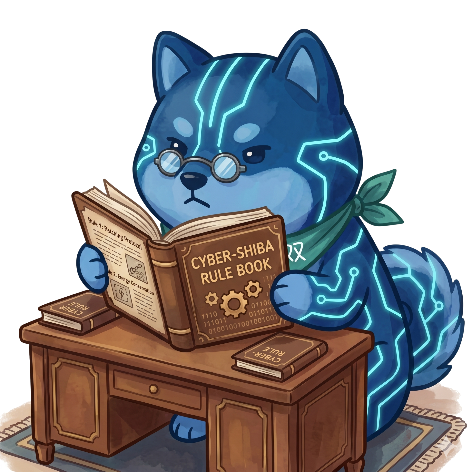 The blue circuit-lit twin in round glasses and a green 双 bandana, reading the Cyber-Shiba Rule Book at a wooden desk